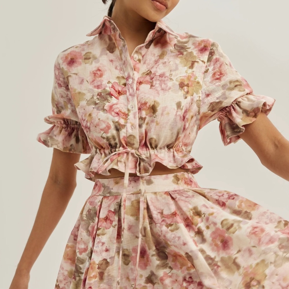 Vita Grace Floral Crop Top Ruffle Hem Button Front Cottagecore Blouse Romantic